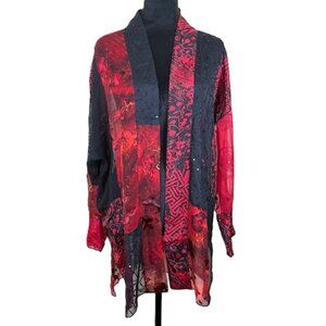 Chico's Kimono Jacket 2 Sheer Red Silk Rayon Embroidered Boho Glam Asian READ